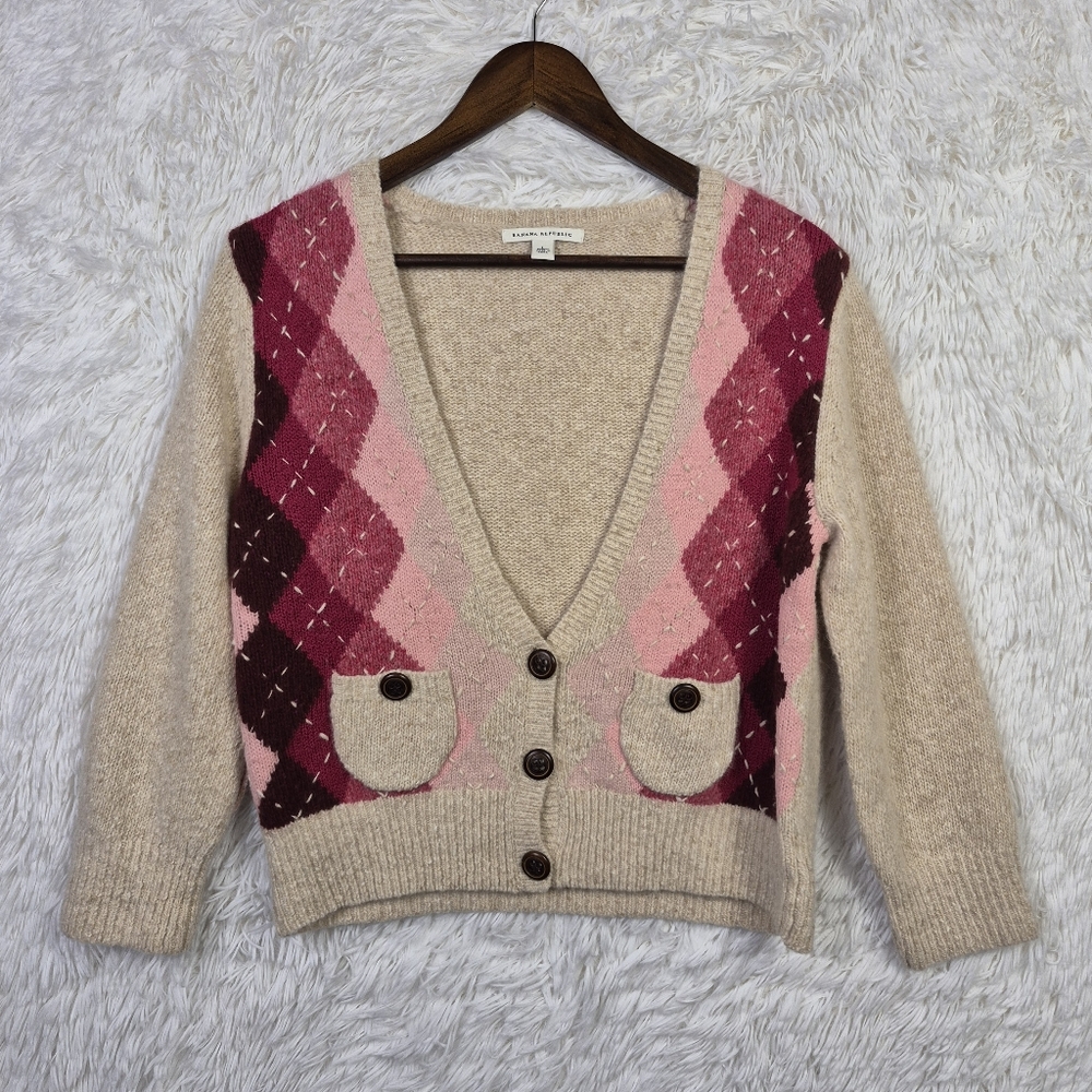 Vtg Banana Republic Merino Angora Blend Womens L Argyle Cardigan Elbow Patch Y2K
